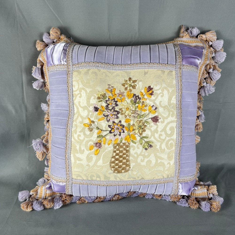 Victoria Classics Velvet Tassel Throw Pillow 16x16 Lavender Embroidery Floral